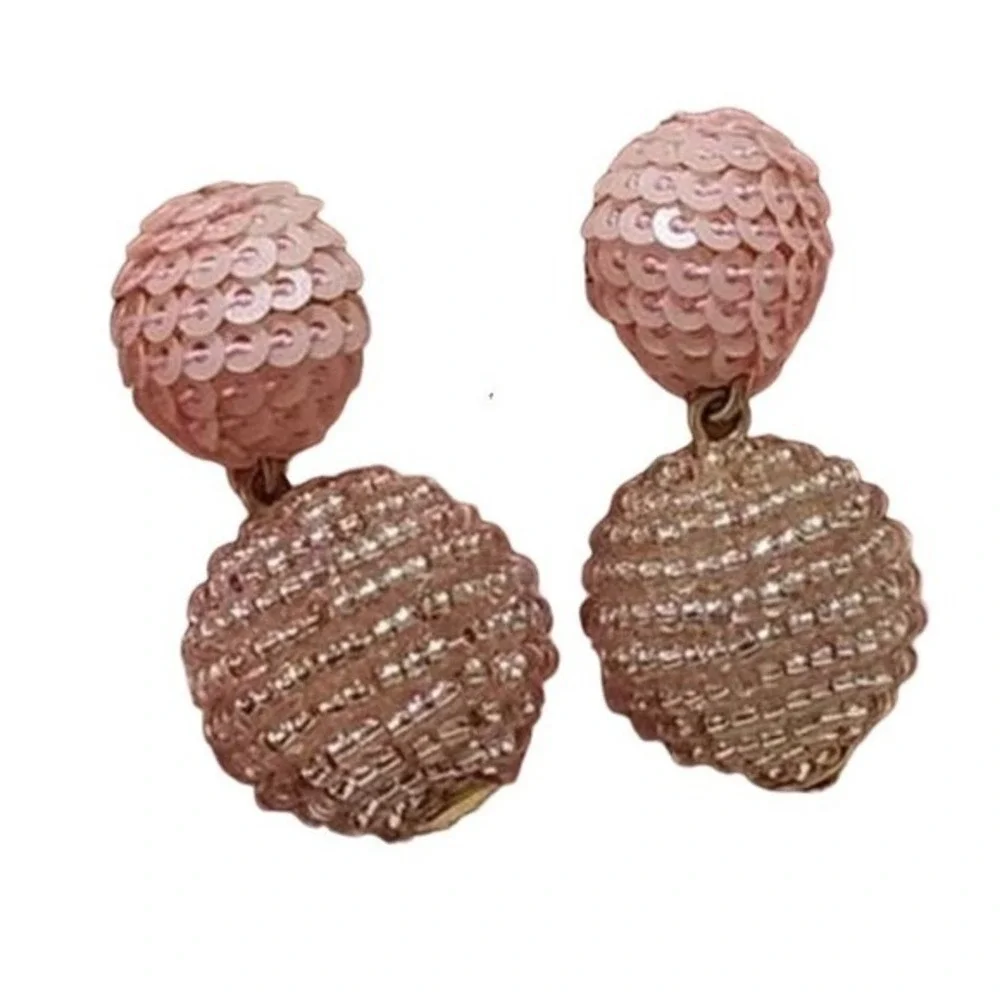 J. Crew Mauve‎ Pink Beaded Sequin Ball Drop Statement Earrings Gold Tone